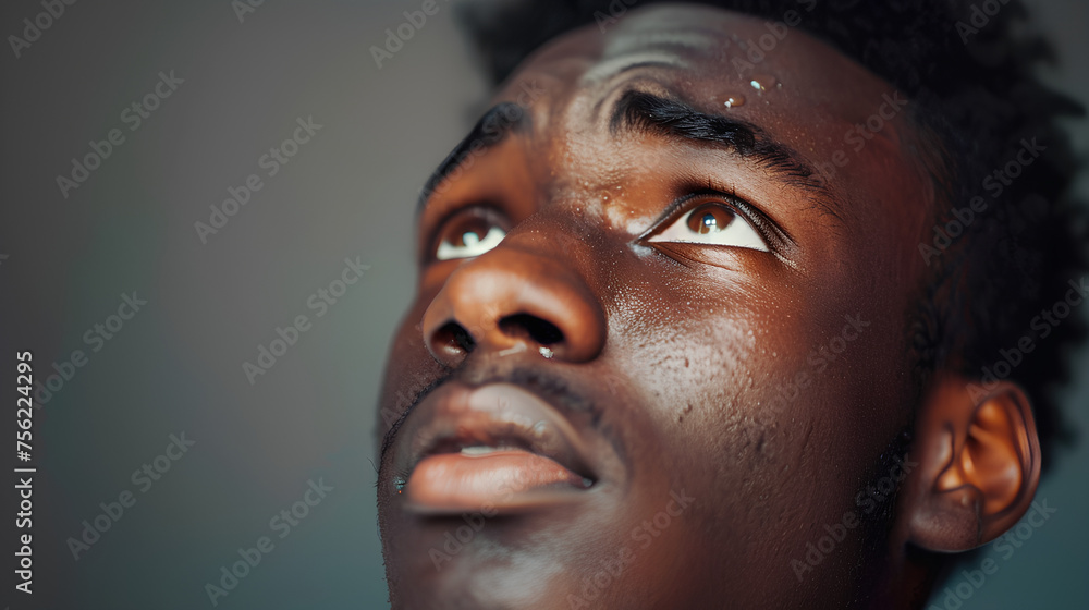 Beautiful young black man looking up with tears in her eyes. Beautiful young black man looking up with tears in her eyes.