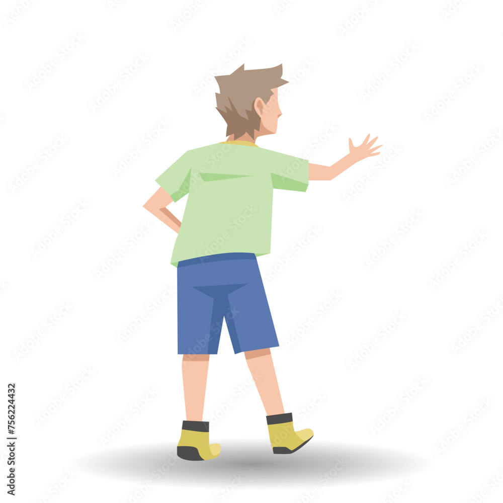 Vector or Illustrator of boy back view. Open your hand and wave with your right hand. looking forward. With shadow on isolated white background. Vector or Illustrator of boy back view. Open your hand and wave with your right hand. looking forward. With shadow on isolated white background.