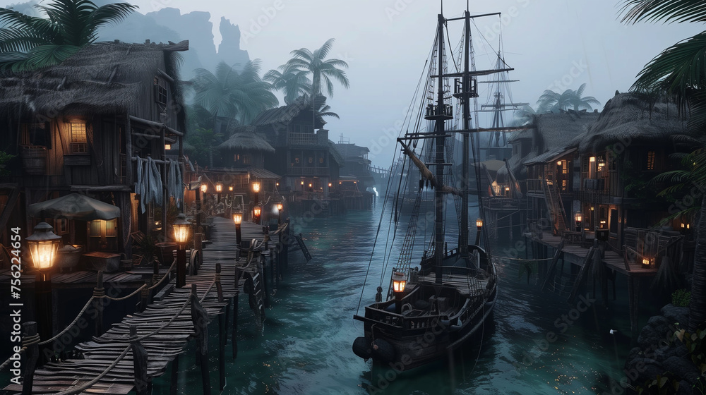 boats in the Caribbean port , pirates port , concept art boats in the Caribbean port , pirates port , concept art