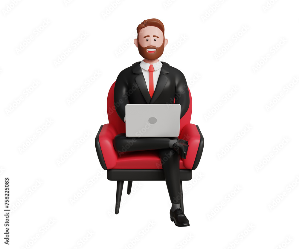 3D confident businessman with laptop sitting in sofa chair. Entrepreneur, leader, passive income, passion, work from home. Successful businessman smiling and working on a laptop. 3d illustration 3D confident businessman with laptop sitting in sofa chair. Entrepreneur, leader, passive income, passion, work from home. Successful businessman smiling and working on a laptop. 3d illustration
