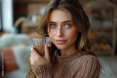 Slavic woman delicately grasps a glass of rich chocolate milk