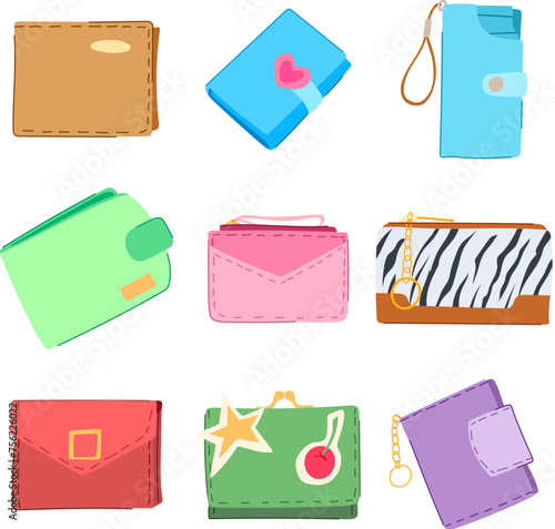 wallet set cartoon. money secure, line leather, purse full wallet sign. isolated symbol vector illustration
