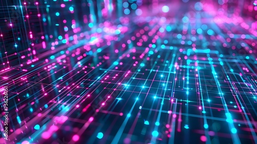 digital matrix hologram backdrop, vibrant cyan and magenta circuit in motion