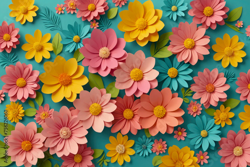 A colorful paper flower arrangement with a blue background