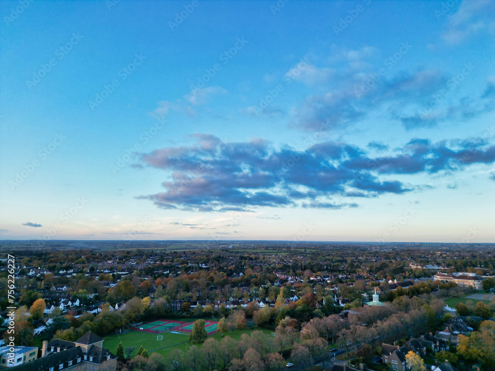 Fototapeta premium Letchworth Garden City of England Great Britain UK. Aerial View Was Captured with Drone's Camera on Cold Evening and During Sunset time of November 11th, 2023