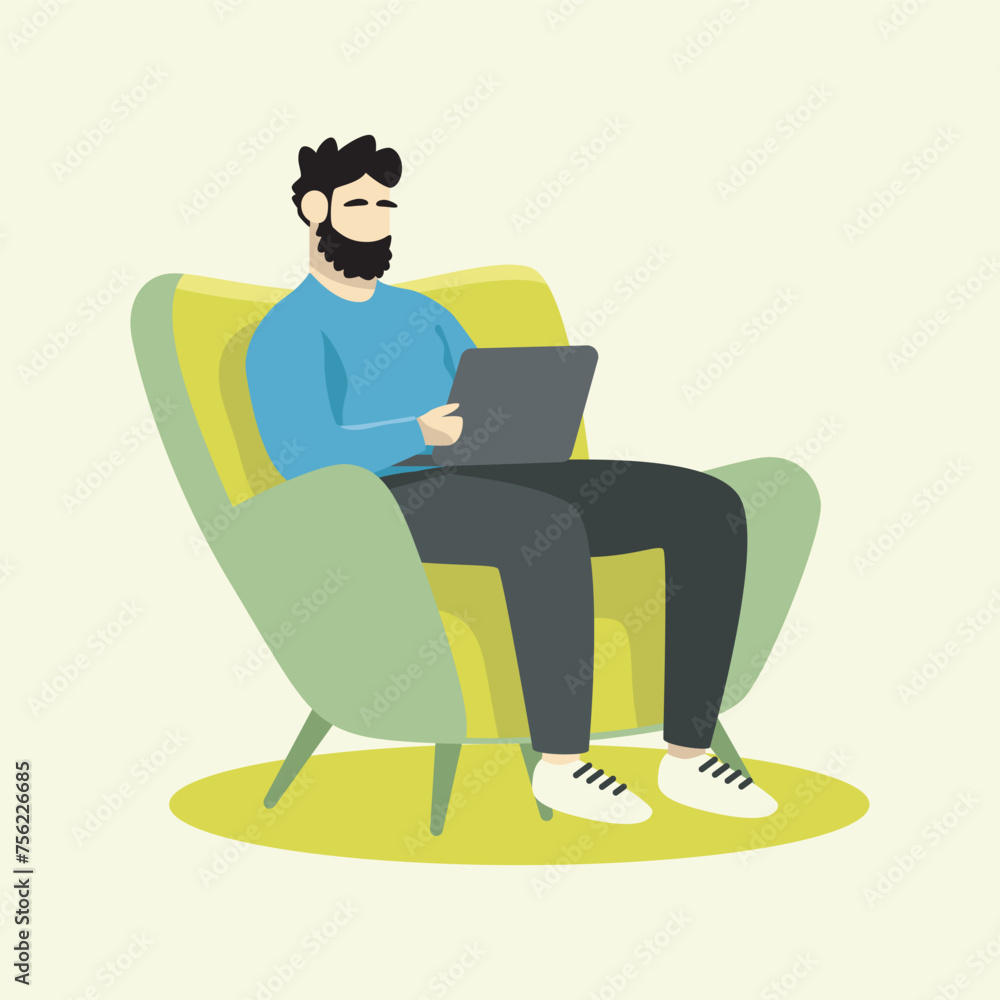 Flat Illustration Character of a Cheerful Man Working on Laptop Flat Illustration Character of a Cheerful Man Working on Laptop