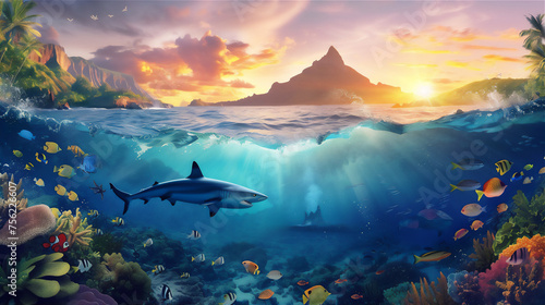 shark and colorful fishes in under water sea bay with sunrise sky and volcano mountain background above it #756226607