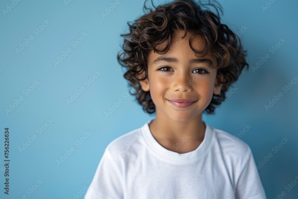 Smiling Boy with Curly Hair in White T-shirt Generative AI Smiling Boy with Curly Hair in White T-shirt Generative AI
