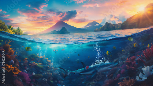 shark and colorful fishes in under water sea with sunrise sky and volcano mountain background above it