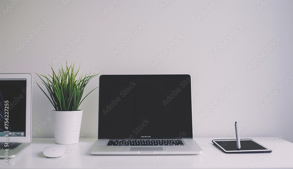 A Modern Laptop on a White Desk with a Green Plant Generative AI A Modern Laptop on a White Desk with a Green Plant Generative AI