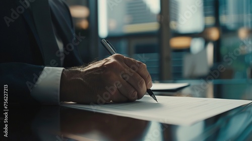 A close-up shot of a businessman signing a contract with a pen in a modern office setting, symbolizing business agreements and partnerships.