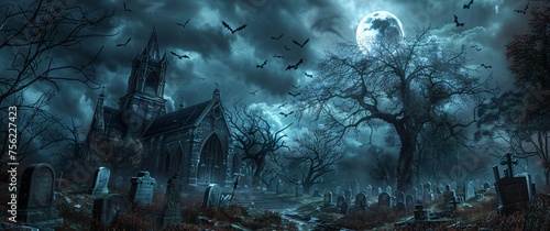 Halloween Night at the Cemetery A Bat-Filled Sky and Bats in the Air Generative AI