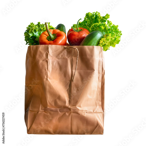 Against a white background, a paper bag is filled with an array of healthy food items such as vegetables and fruits.