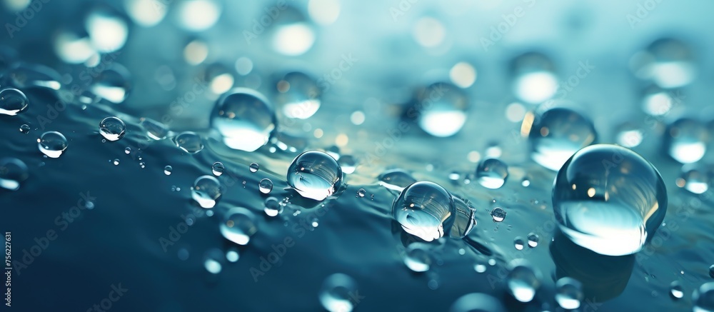 A closeup image capturing water drops glistening on an azure surface, showcasing the beauty of liquid, moisture, and drizzle in electric blue hues