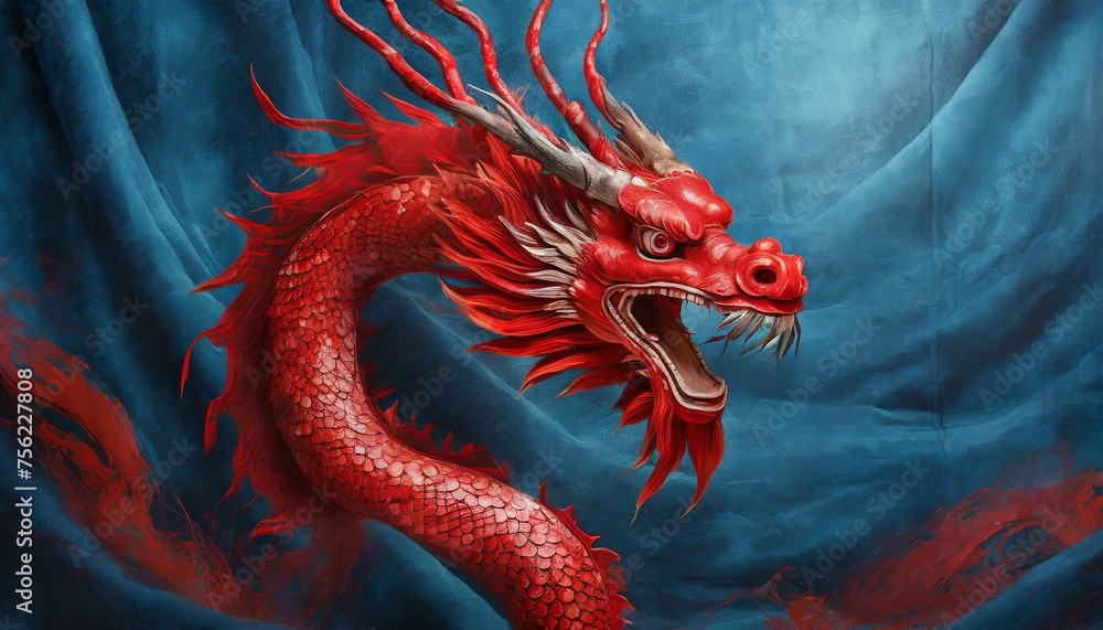 red dragon.a red Chinese dragon against a deep blue canvas. Utilize dynamic lines and a harmonious color palette to convey the dragon's power and elegance. red dragon.a red Chinese dragon against a deep blue canvas. Utilize dynamic lines and a harmonious color palette to convey the dragon's power and elegance.