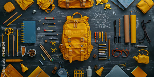 Ready for School Supplies art collection of everyday objects and symbols and yellow school bag background for  Back-to-school concept  photo