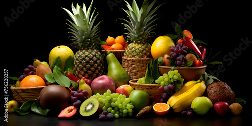 Various types of fruits with aesthetic arrangement top view, Fresh fruits and berries 