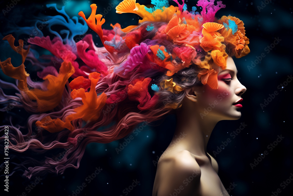Beautiful girl with vibrant sea corals adorning her hair, surrounded by an ocean of vibrant coral colors against a dark background. Ai generated Beautiful girl with vibrant sea corals adorning her hair, surrounded by an ocean of vibrant coral colors against a dark background. Ai generated