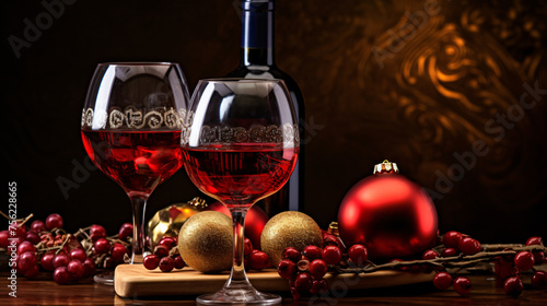 Holiday red wine and Christmas ornaments