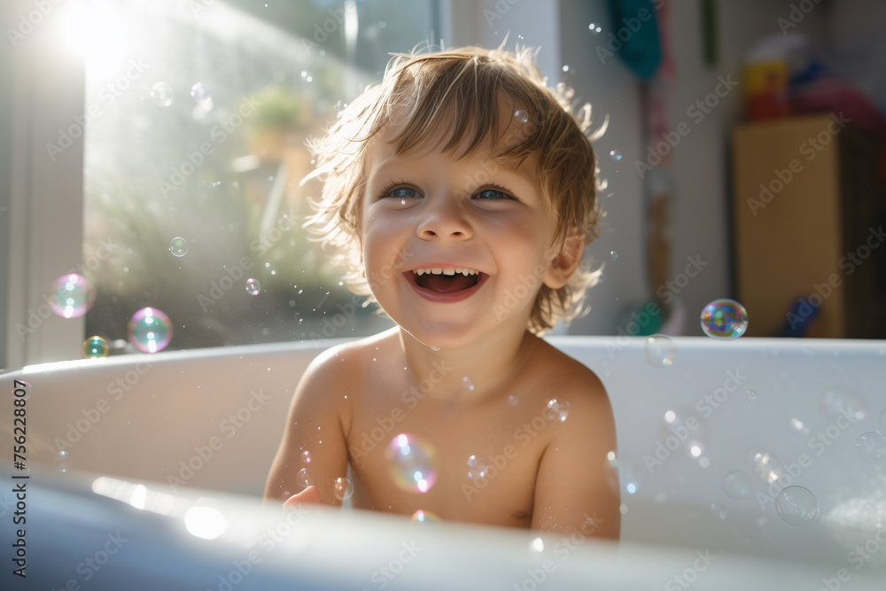 Pure joy unfolds as a small kid smiles, immersed in the bathtub, captivated by the simple pleasure of playful soap bubbles. Ai generated Pure joy unfolds as a small kid smiles, immersed in the bathtub, captivated by the simple pleasure of playful soap bubbles. Ai generated