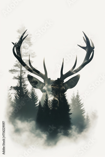 Majestic Deer Silhouette in Double Exposure with Pine Forest and Fog, Beautiful Gradients, White Background. Ai generated