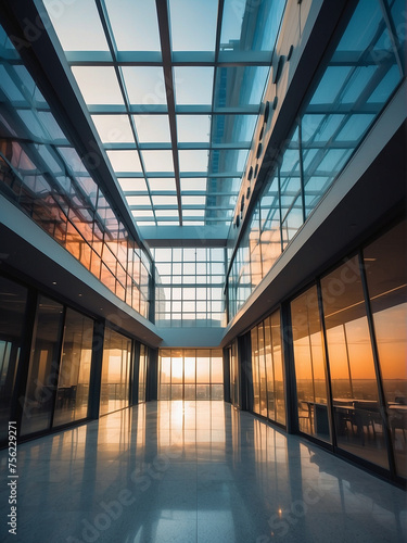 Architectural Marvel, Tilted View of Modern Office Interior with Modular Structures, Structural Glazing, and Sunset Ambiance.