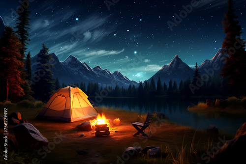 Serene camping scene at night on a lake, where a warm and inviting campfire flickers under a sky filled with countless twinkling stars. Ai generated