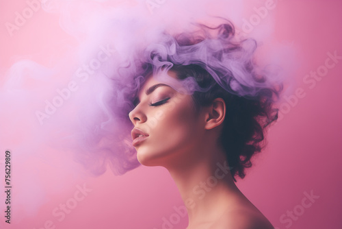 Beautiful Woman with pink smoke instead of her hair, her hair is actually smoke with pink purple colors, the woman has closed eyes and relaxed face, flat pastel color background. Ai generated