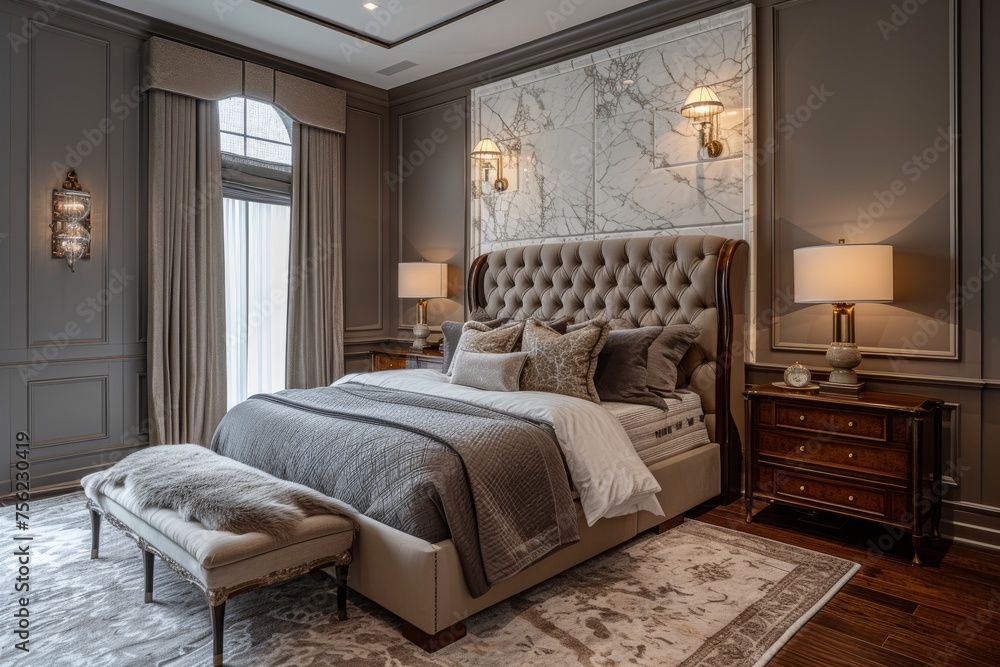 A luxury bedroom suite, complete with marble-clad walls, hardwood flooring