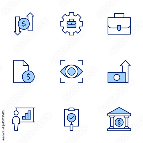Business icon set. Duo tone icon collection. Editable stroke. Vector illustration. briefcase, benefits, bank, business presentation, contract, exchange, transparency, working, vision. © Spacemid