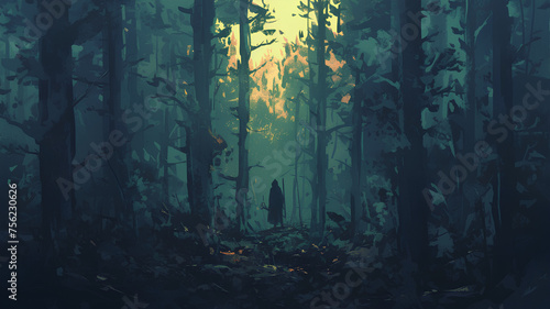 illustration of a dark forest with a person towards the front