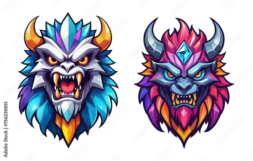 Fototapeta premium two colorful illustrations of a demon and a demon's head, angry sasquatch, triptych, scary sharp icy, humanoid monkey fantasy race, crystals, gorilla, 