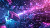 Virtual Reality space world in a block, cube effect. Video Game retro asteroid field. purple, pink and blue lights racing along a digital landscape. 3D render 