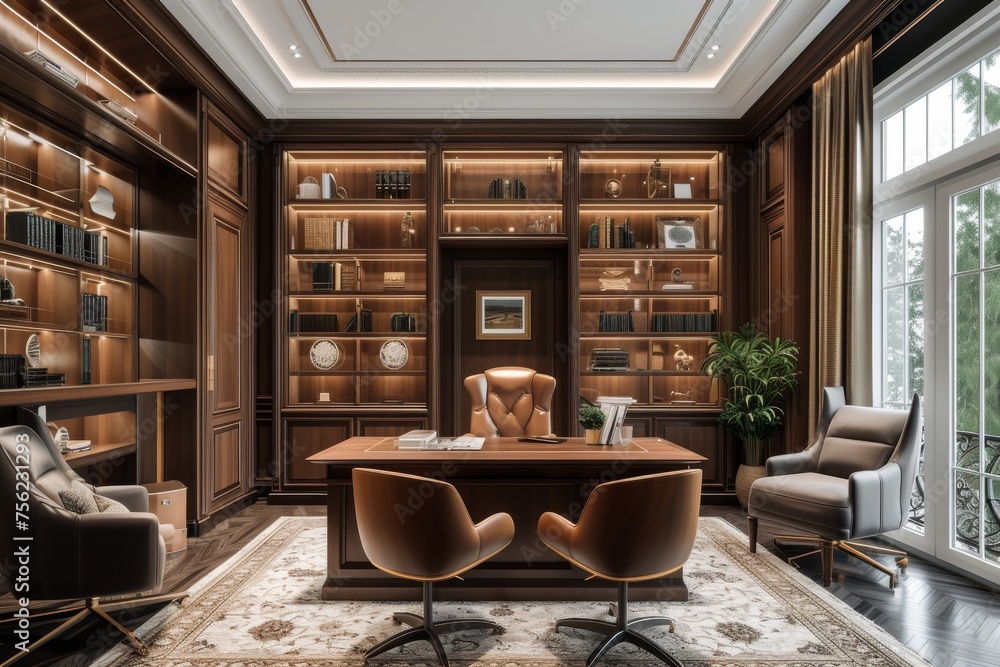 An elegant home office, complete with custom cabinetry