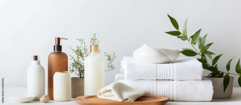 A mixture of a houseplant, bottles, candles, and towels neatly stacked on a table near the window in a building A mixture of a houseplant, bottles, candles, and towels neatly stacked on a table near the window in a building