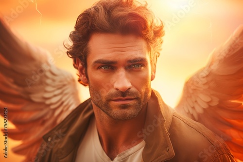  Close-up photo of a mesmerizing man, his focus intense, wings casting a warm glow against the pastel background