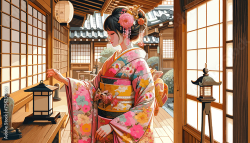 Concept of an image of a woman in kimono in a townhouse in Kyoto. Vector illustration.