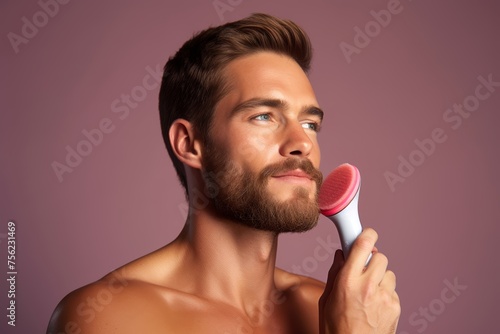 A man confidently using a facial cleansing brush, epitomizing soft masculinity through his dedication to a thorough skincare routine. photo