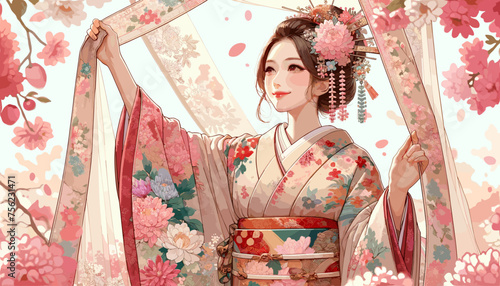 Concept of an image of a woman in kimono in a townhouse in Kyoto. Vector illustration.