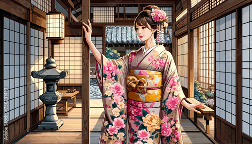 Concept of an image of a woman in kimono in a townhouse in Kyoto. Vector illustration.