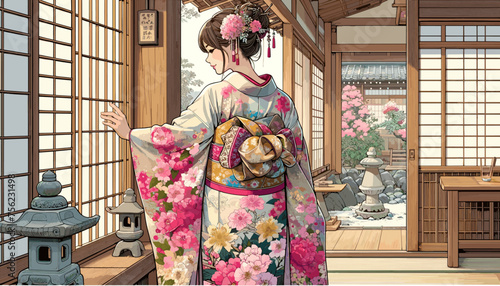 Concept of an image of a woman in kimono in a townhouse in Kyoto. Vector illustration.