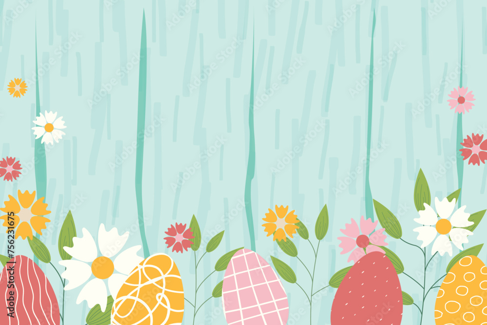 Easter background for banner, template. Trendy Easter design with flowers, eggs, in pastel colors with wooden texture on background. Flat vector illustration. Easter background for banner, template. Trendy Easter design with flowers, eggs, in pastel colors with wooden texture on background. Flat vector illustration.
