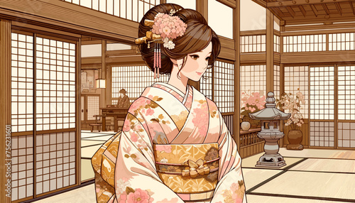 Concept of an image of a woman in kimono in a townhouse in Kyoto. Vector illustration.