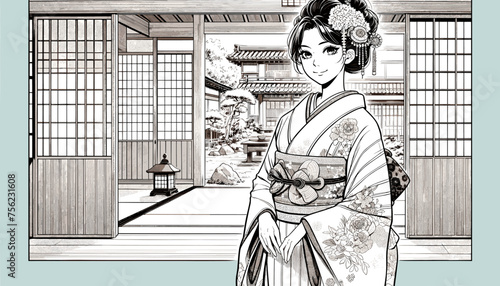 Concept of an image of a woman in kimono in a townhouse in Kyoto. Vector illustration.