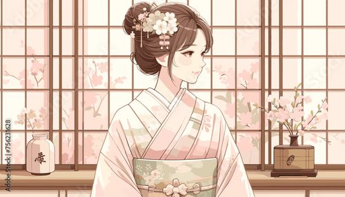 Concept of an image of a woman in kimono in a townhouse in Kyoto. Vector illustration.