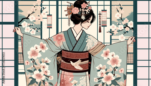 Concept of an image of a woman in kimono in a townhouse in Kyoto. Vector illustration.