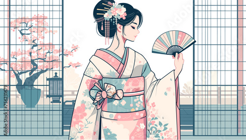 Concept of an image of a woman in kimono in a townhouse in Kyoto. Vector illustration.