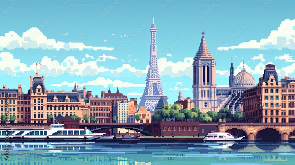 Obraz premium Pixel city landscape. Style, retro, travel, pixel art, city skyline, architecture, landmarks, tourist attractions, urban. Generated by AI