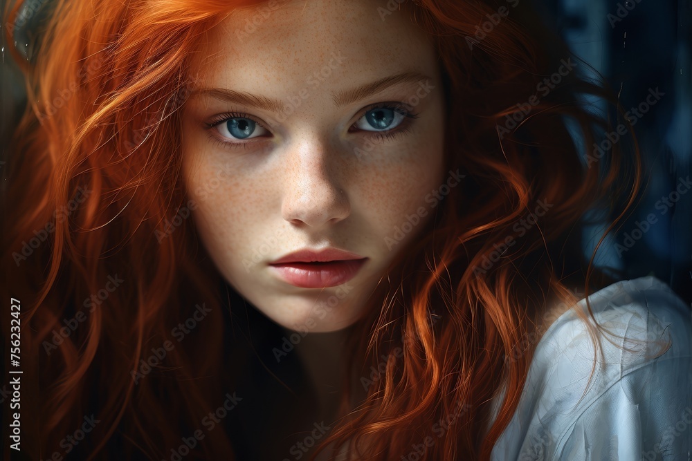 Fototapeta premium Portrait of a young enchantress with piercing blue eyes and flowing red hair, age 25.