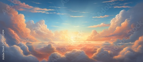 The azure sky is adorned with fluffy cumulus clouds as the suns gentle glow filters through, creating a mesmerizing afterglow in the natural landscape